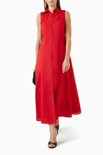 Embroidered Shirt Midi Dress in Linen