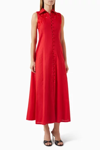 Embroidered Shirt Midi Dress in Linen