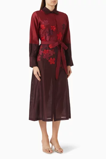Vine Floral-embroidered Belted Dress