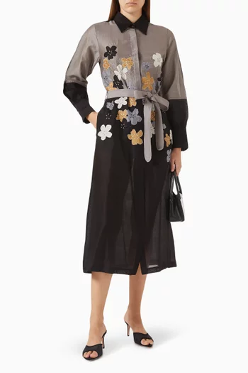 Vine Floral-embroidered Belted Dress