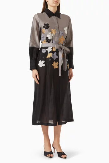 Vine Floral-embroidered Belted Dress