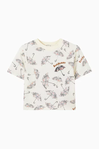 تي شيرت بنقشة مربعات ومظلات قطن