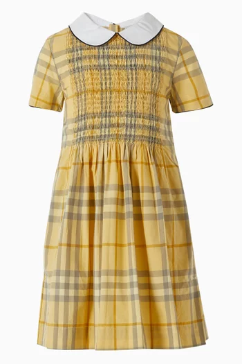 Smocked Check Dress in Cotton-poplin