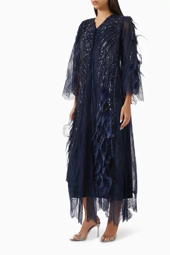 Sequin-embellished Feather Abaya in Tulle