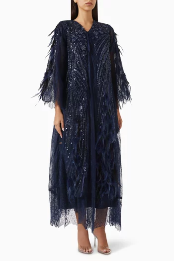 Sequin-embellished Feather Abaya in Tulle