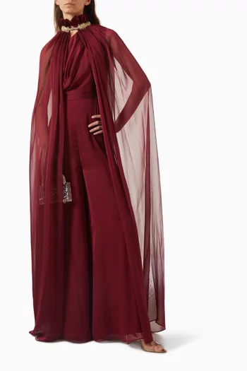 Coral Cape Jumpsuit in Crepe & Chiffon