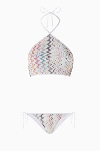 Sequin-embellished Zig Zag-print Halter Bikini Set