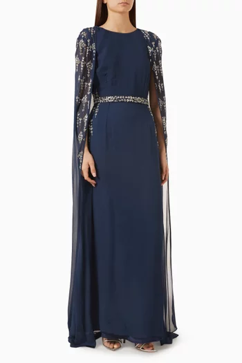 Embellished Cape Dress in Satin