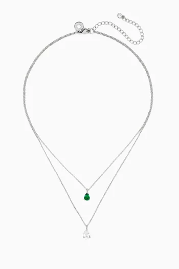 CZ Double Chain Necklace in Rhodium-plated Brass