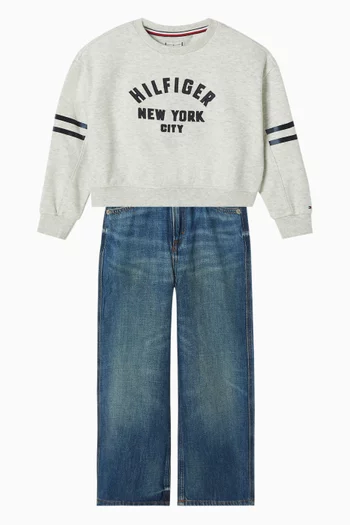 Logo Embroidery Faded Jeans in Denim