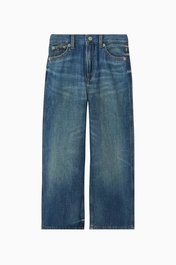 Logo Embroidery Faded Jeans in Denim