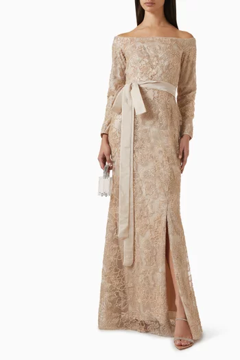 Off-shoulder Embroidered Belted Gown