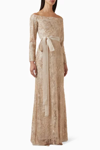 Off-shoulder Embroidered Belted Gown