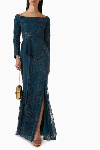 Off-shoulder Embroidered Belted Gown