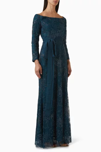 Off-shoulder Embroidered Belted Gown