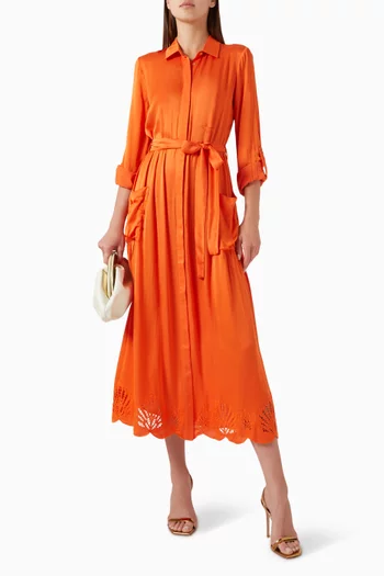 Embroidered-trim Belted Dress in Viscose-rayon