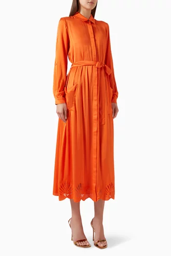 Embroidered-trim Belted Dress in Viscose-rayon