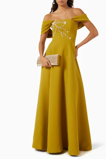 Embellished Off-shoulder Dress in Crepe