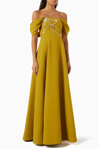 Embellished Off-shoulder Dress in Crepe