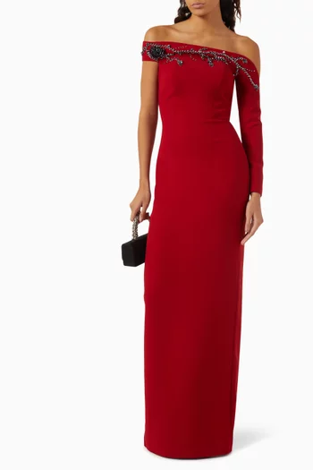 Embellished One-sleeve Dress in Crepe