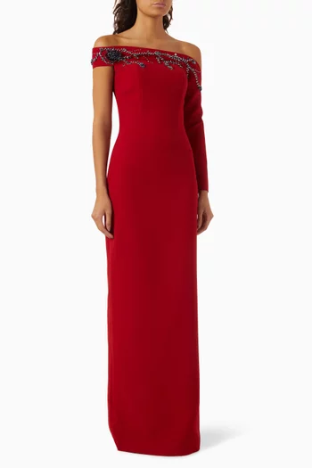 Embellished One-sleeve Dress in Crepe