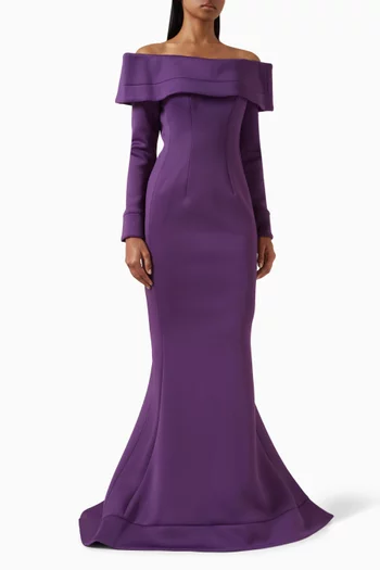 Off-shoulder Gown in Crepe & Scuba