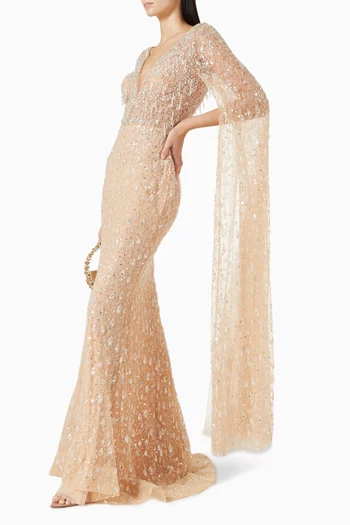 Crystal-embellished Cape Dress in Tulle