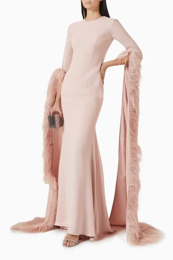 Fur-trim Elongated-sleeves Maxi Dress