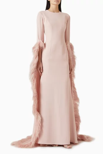 Fur-trim Elongated-sleeves Maxi Dress