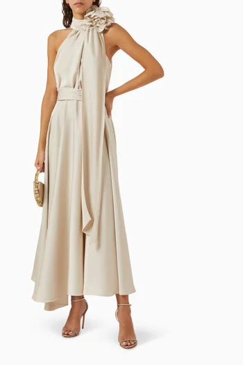 Floral-brooch Dress in Satin