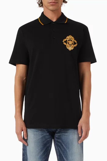 Embroidered Architectural Baroque Polo Shirt in Cotton Piqué