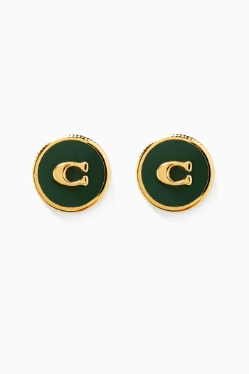 Enamel C Coin Stud Earrings in Gold-plated Brass