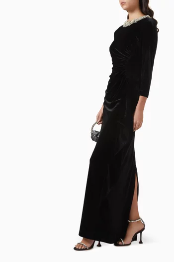 Embellished Ruched Gown in Velvet