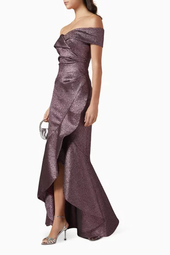 Off-shoulder Gown in Metallic-jacquard