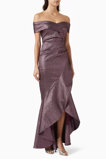 Off-shoulder Gown in Metallic-jacquard
