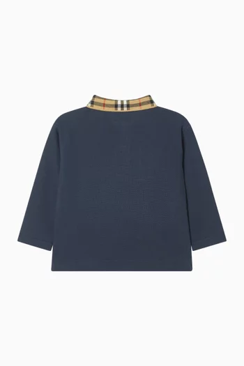 Check Collar Long-sleeve Polo Shirt in Cotton-pique