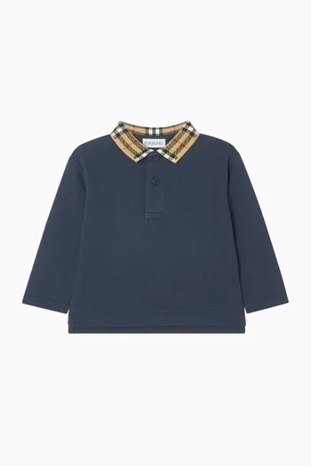 Check Collar Long-sleeve Polo Shirt in Cotton-pique