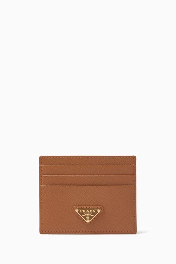 Triangle Logo Card Holder in Saffiano Leather