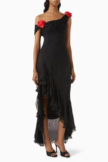 Rosette One-shoulder Dress in Chiffon