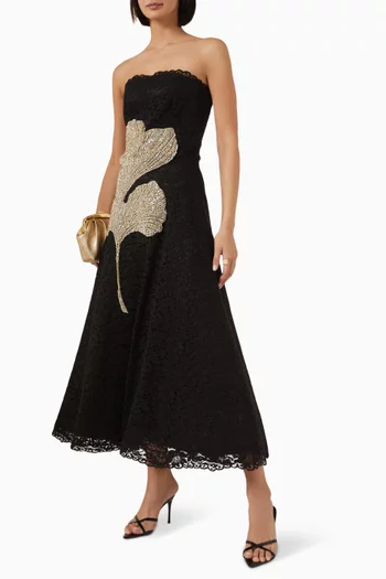 Hallis Strapless Midi Dress in Corded Lace