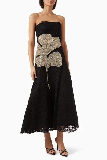 Hallis Strapless Midi Dress in Corded Lace