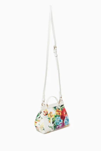 Floral Print Top Handle Bag in Leather