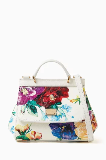 Floral Print Top Handle Bag in Leather