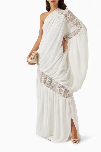One-shoulder Lace-trim Dress in Georgette
