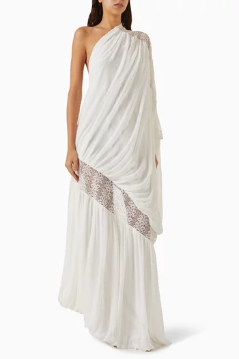 One-shoulder Lace-trim Dress in Georgette