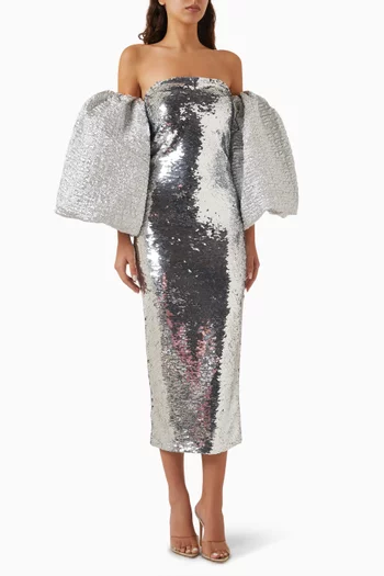 Sequin-embellished Bubble-sleeve Dress