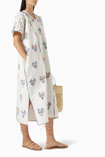Mini Rainbow Hearts Midi Kaftan in Cotton
