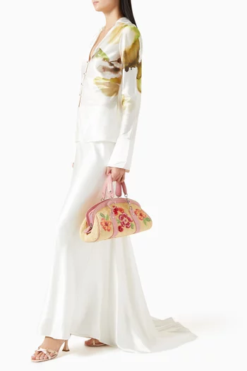 Frame Floral Top-handle Bag in Wicker & Leather