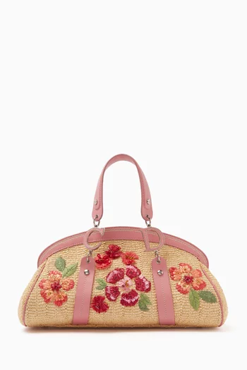 Frame Floral Top-handle Bag in Wicker & Leather