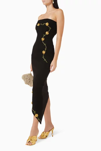 Rosette Midi Dress in Satin